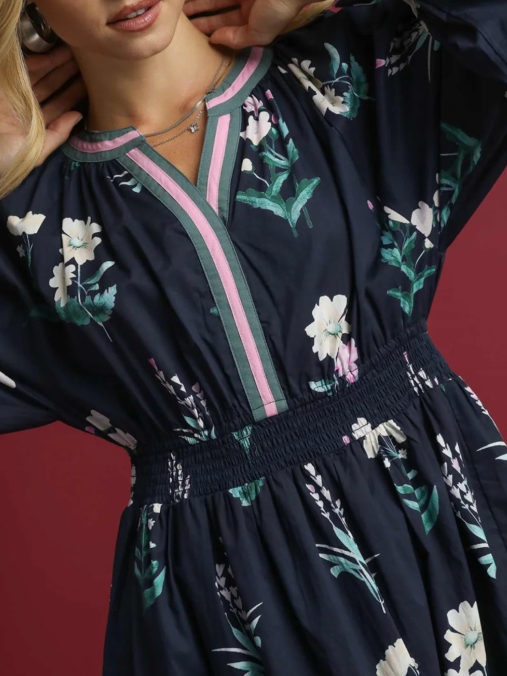 Umgee Navy Floral Midi Dress with Pink & Green Trim